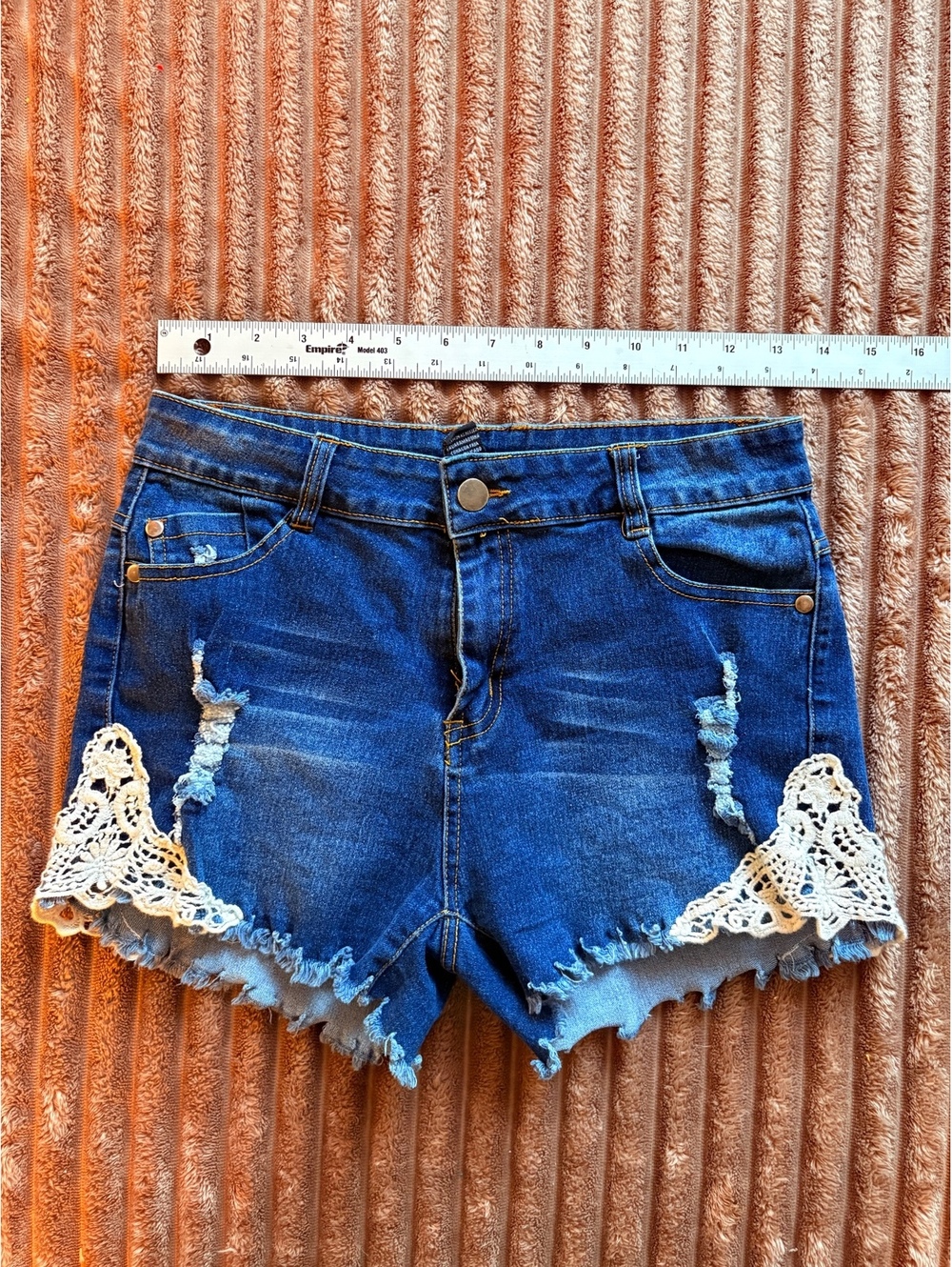 Y2K Indero Blue Denim Shorts White Lace Trim and Distressed Detail #12